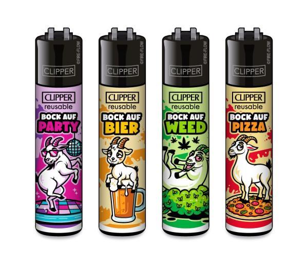 Clipper CLASSIC Large – „Bock auf“ 4er Set mit Party, Bier, Weed und Pizza; nachfüllbar, Softflame, Stopfhilfe.